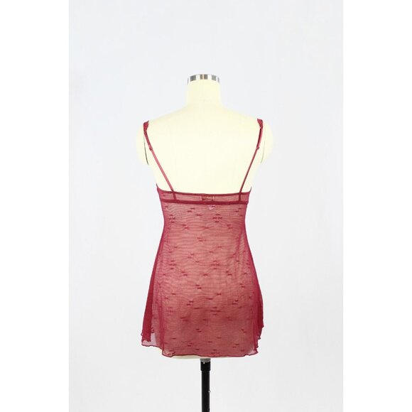 Vintage SILK & SATIN Maroon Red Mesh Lace Babydoll Negligee Slip Dress, Size S - Picture 3 of 13